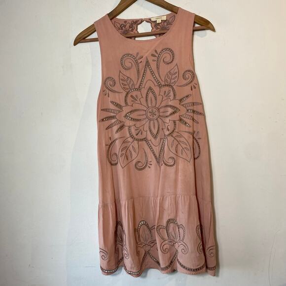Oddy Pink Boho Mini Peplum Dress L Sleeveless Open Back Lined Eyelets Festival - Picture 1 of 7